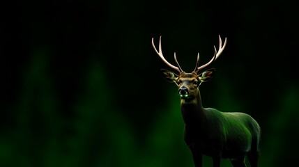 Majestic Stag in the Forest:  A majestic stag with a striking antler crown stands majestically in a shadowy woodland, its gaze piercing the darkness.