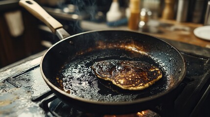 a frying pan with completely burnt pancakes stuck to the surface, while a frustrated cook attempts to scrape them off. 