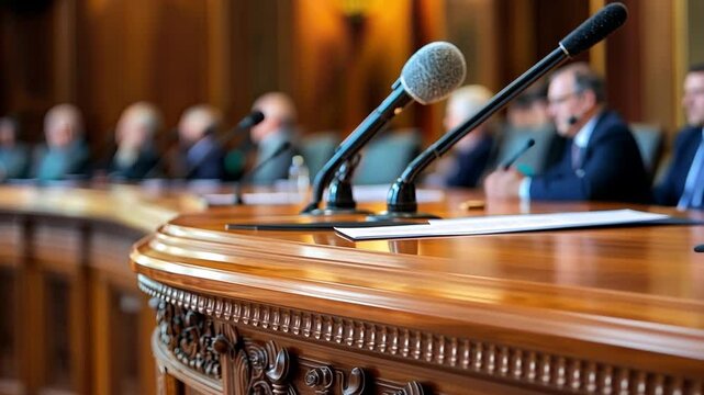 Legislative Hearing:  A close-up view of microphones and a polished wooden table in a legislative chamber, suggesting a formal gathering for debate and discussion.