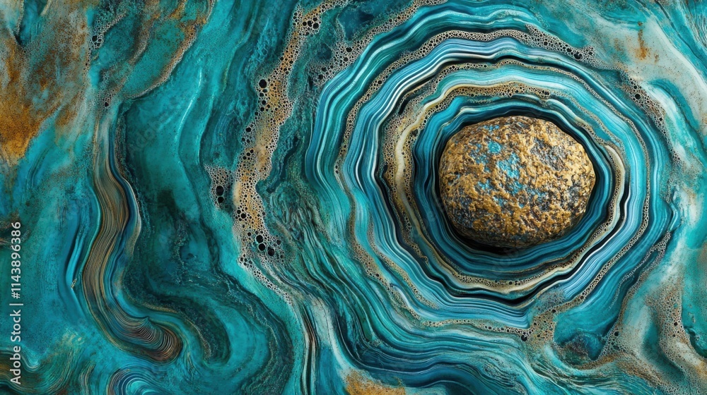 Poster ripples of turquoise water surround a textured stone in a mesmerizing macro shot displaying natural 