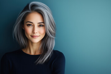 Fototapeta premium Portrait of an attractive woman with silver hair, posing against a dark blue background