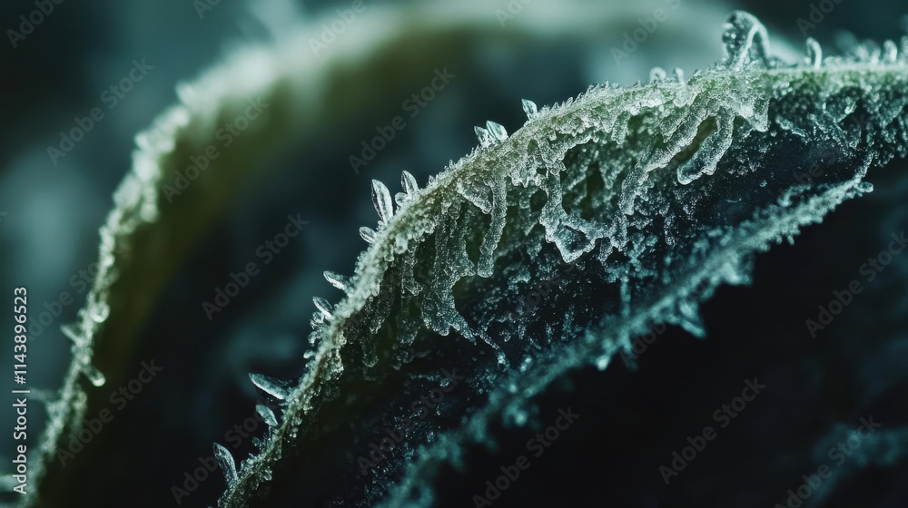 Aufkleber macro shot captures intricate frost patterns on the edge of a leaf during winter's freeze