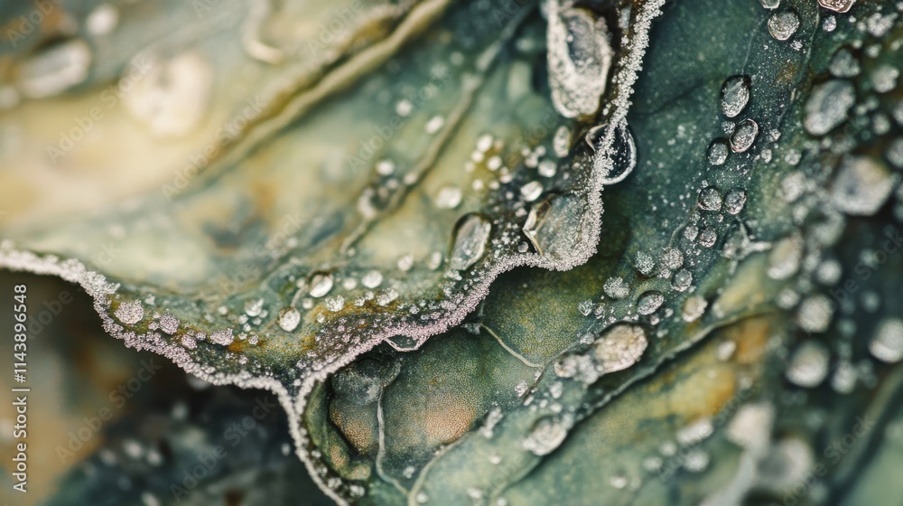Poster macro capture of frost delicately forming on the edge of a leaf during winter's chill