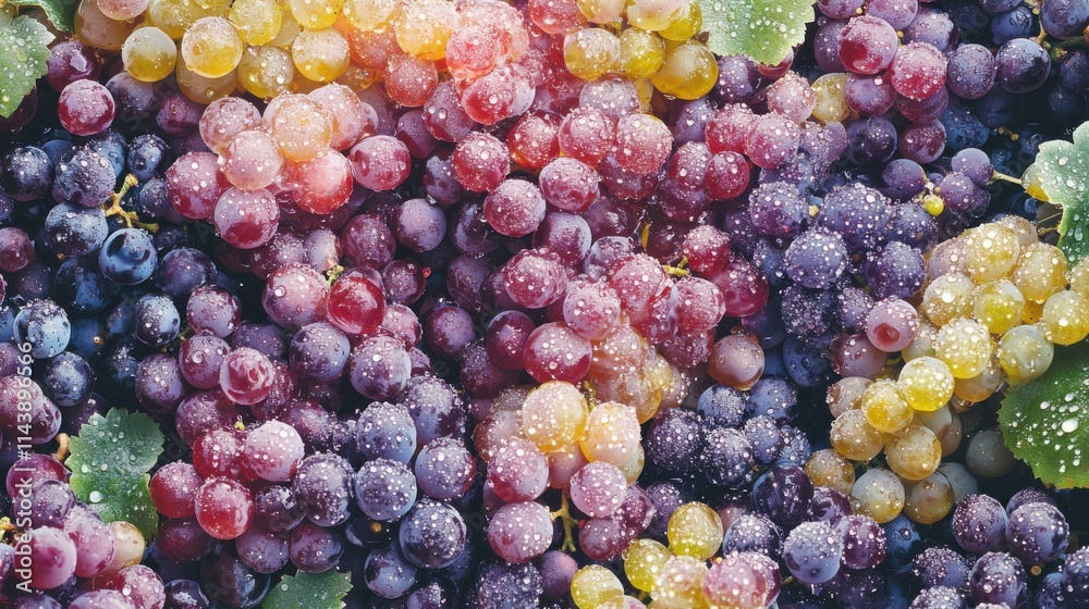Poster close-up of dew-covered grape clusters showcasing vibrant colors in a lush vineyard during a fresh m