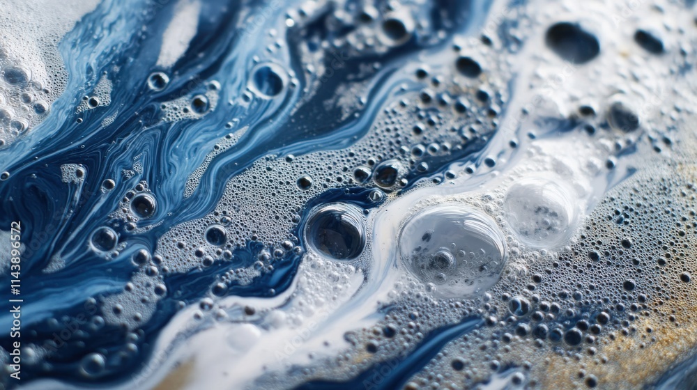 Poster Flowing water creates intricate patterns with tiny bubbles in a close-up macro perspective of nature