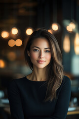 Obraz premium Beautiful woman in a black long-sleeved top, with brown hair in a straight hairstyle. Blurred restaurant background with bokeh lights. 