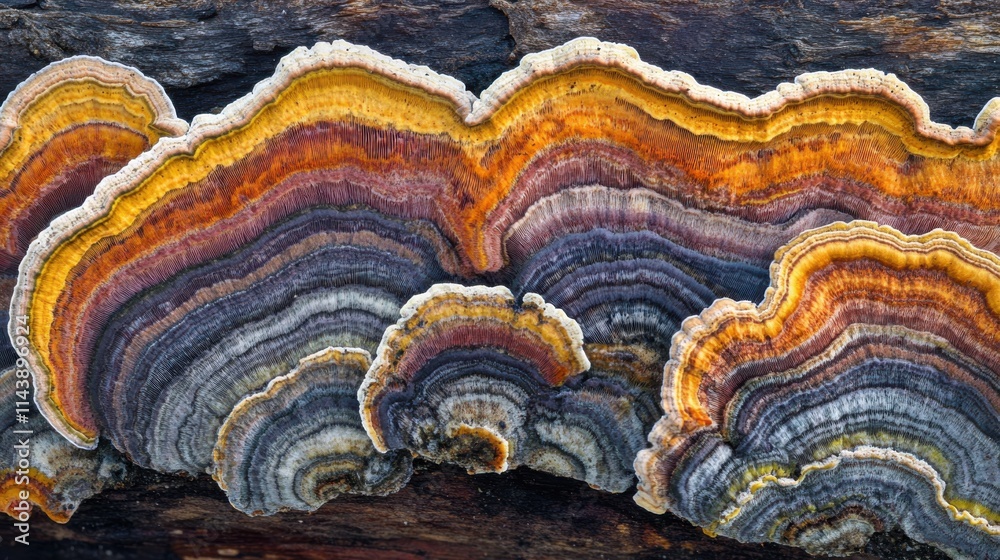 Poster macro shot showcasing vibrant autumn mushrooms growing on a fallen log in a forest during the peak o