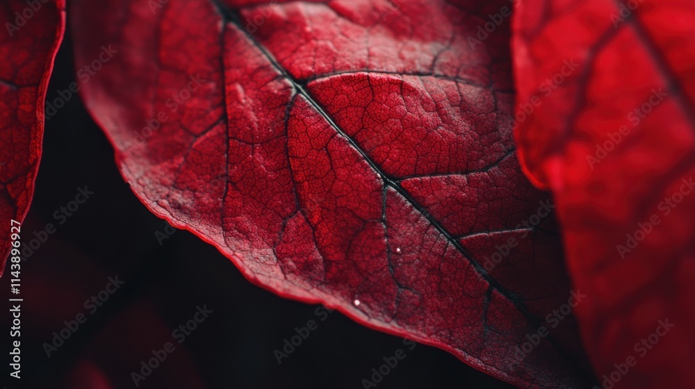 Poster vibrant macro shot of a red autumn leaf showcasing intricate details and textures in nature during t