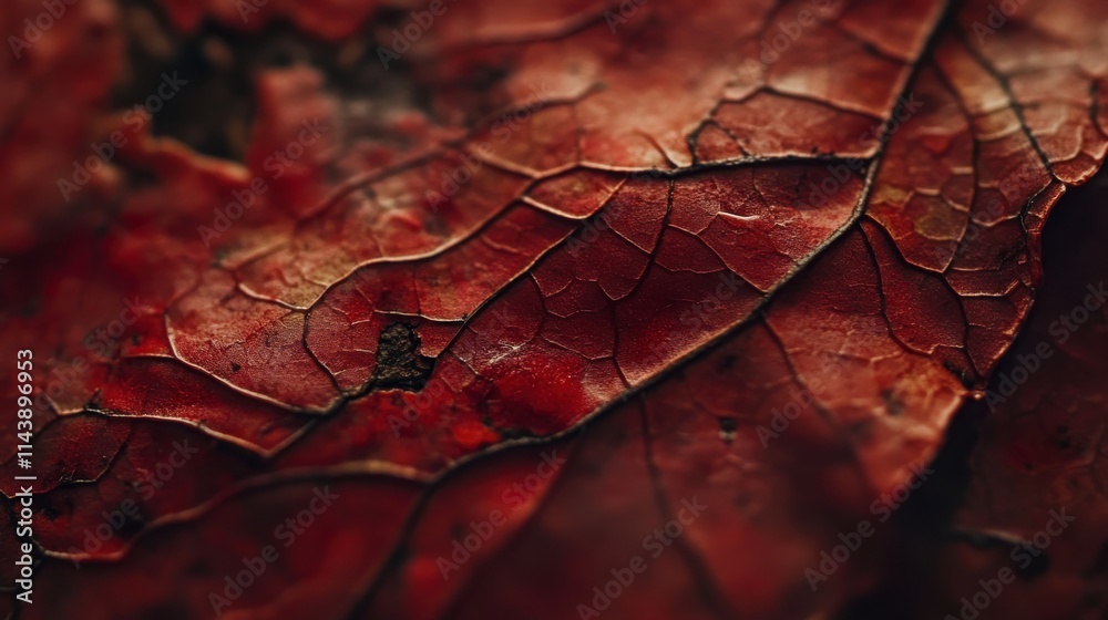 Poster macro shot of a red autumn leaf showcasing intricate details and textures in nature during the fall 