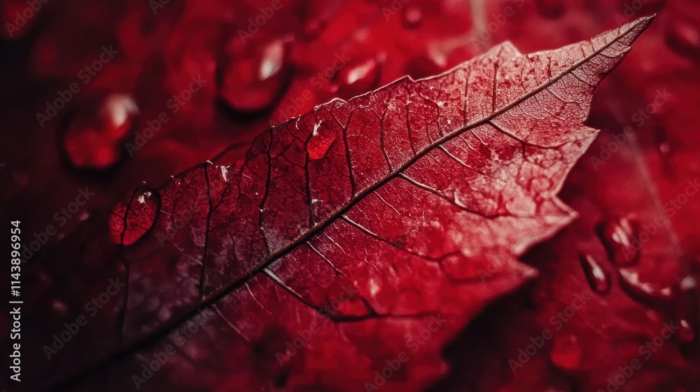 Aufkleber close-up of a vibrant red autumn leaf adorned with dew drops in a tranquil natural setting