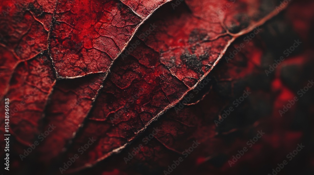 Poster detailed macro shot captures the vibrant colors and textures of a red autumn leaf in nature