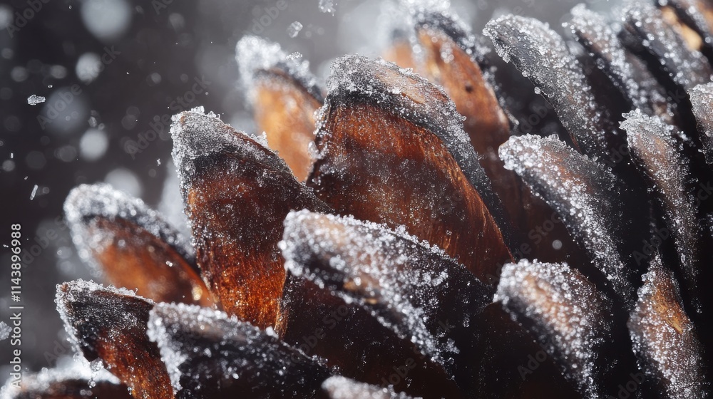 Poster Intricate details of a snow-covered pinecone on a winter day in a forest setting