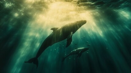 Obraz premium Two dolphins swim gracefully through sunlit ocean waters.