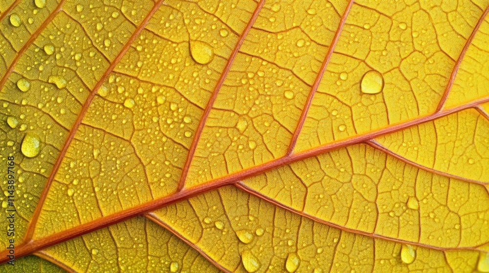 Poster macro shot of a vibrant leaf covered in raindrops capturing nature's intricate details and textures