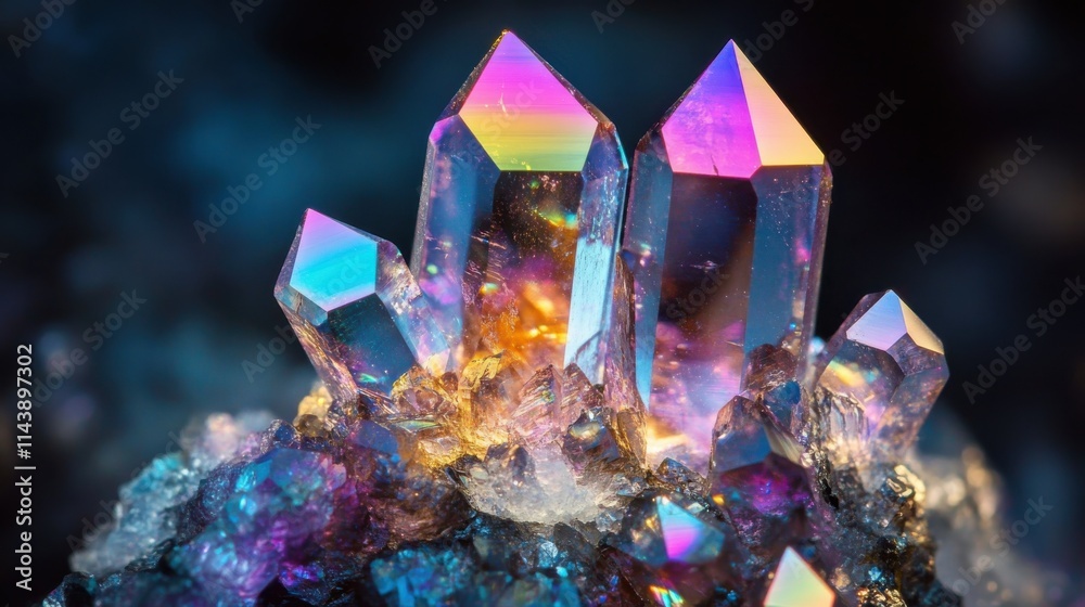 Poster macro shot reveals stunning geometric patterns in a vibrant crystal formation illuminated by soft li