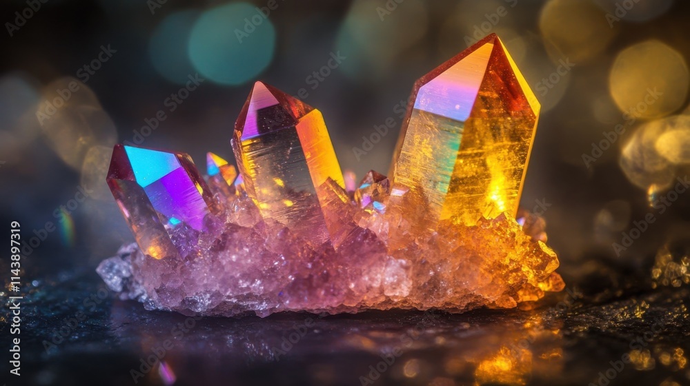 Poster stunning macro view of a crystal cluster showcasing vibrant colors and geometric precision