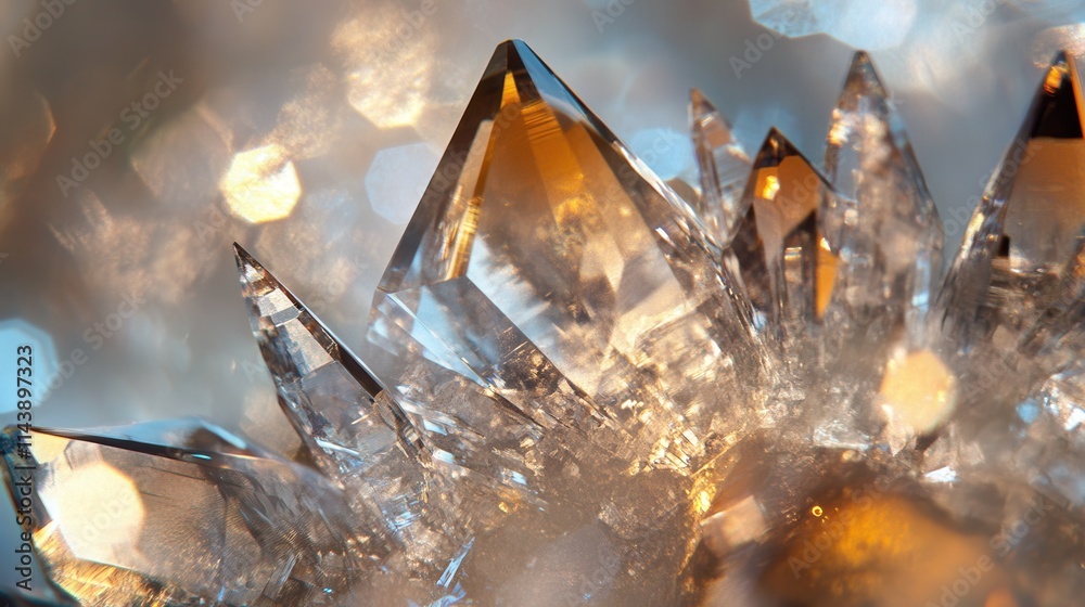 Poster detailed macro shot reveals stunning crystal structure with sharp facets and reflections under brigh