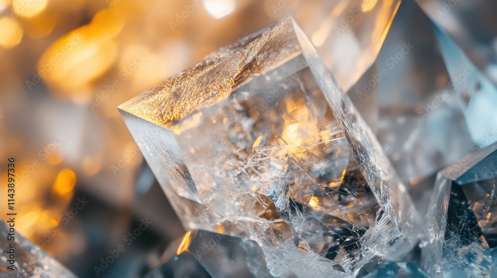Poster Macro shot capturing intricate details of a shimmering crystal structure reflecting light and textures in an artistic display