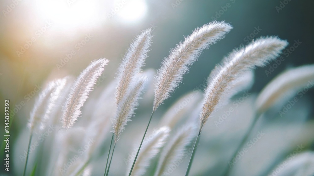 Poster Macro view of summer grass swaying gently in the warm breeze during a late afternoon in a tranquil outdoor setting