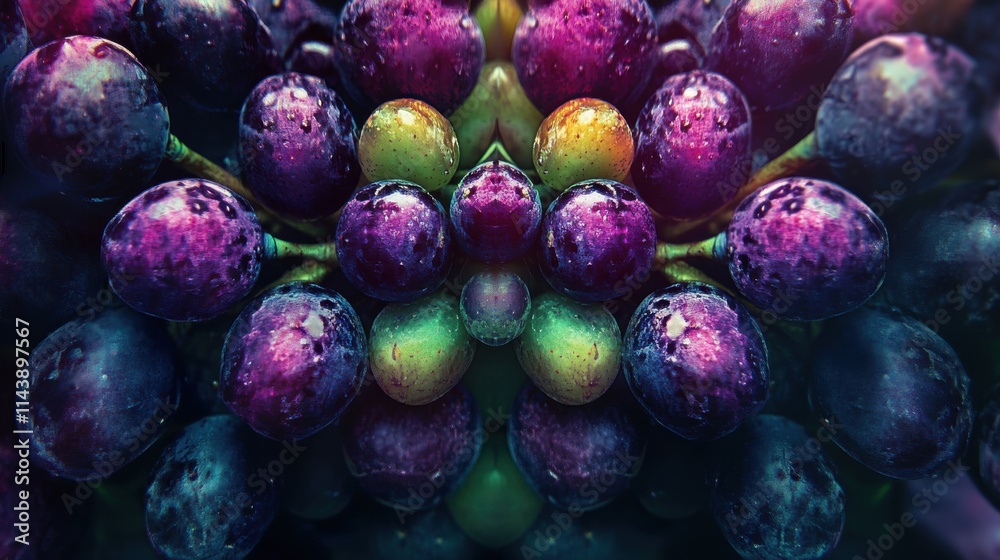 Poster macro shot capturing the intricate details of a cluster of grapes showcasing unique textures and col