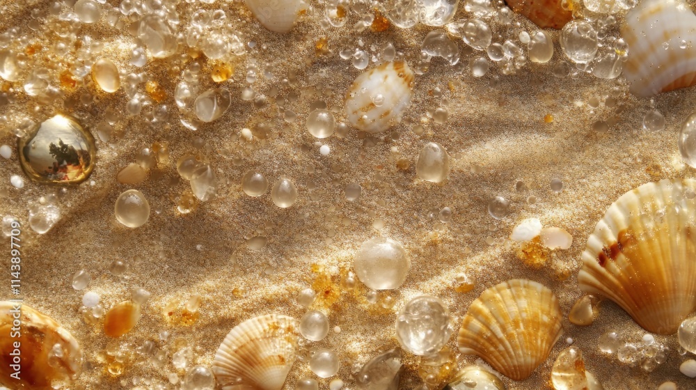 Poster macro view of summer beach with seashells and bubbles on golden sand