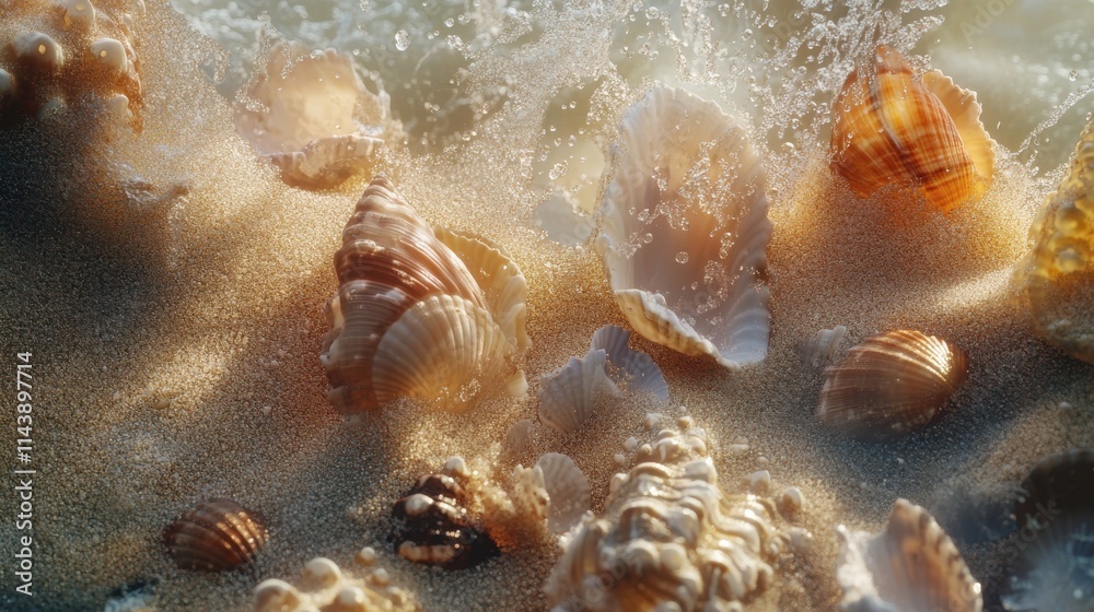 Poster macro capture of summer beach shells with waves crashing on golden sand at a coastal getaway