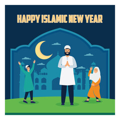 A Muslim family is celebrating islamic new year with Crescent Moon and Mosque background.