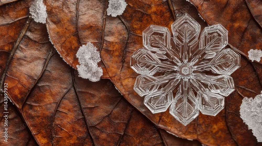 Aufkleber Snowflake delicately resting on autumn leaves showcasing intricate patterns and crystal structures under natural light