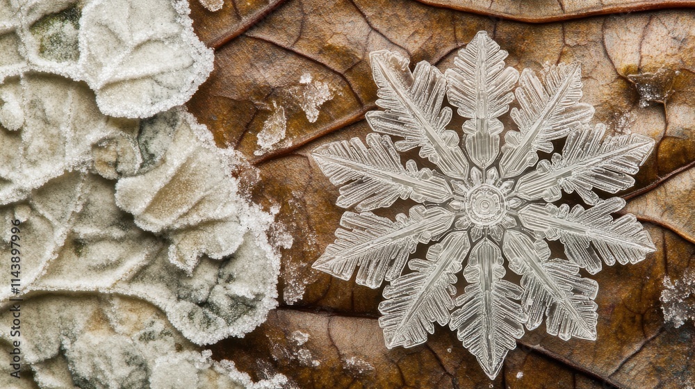 Aufkleber Macro detail of a unique snowflake resting on a textured autumn leaf