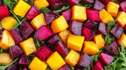Colorful roasted beets and squash salad on greens.