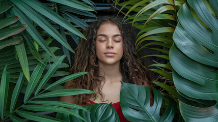 Young woman with curly hair, wearing a red top, surrounded by lush green tropical leaves. With her eyes closed, she appears relaxed or meditative, exuding tranquility and a deep connection with nature