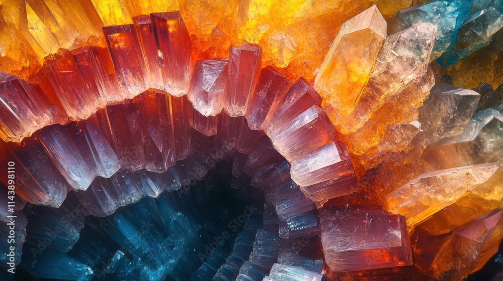 Poster macro view of a vibrant crystal geode revealing intricate colors and formations