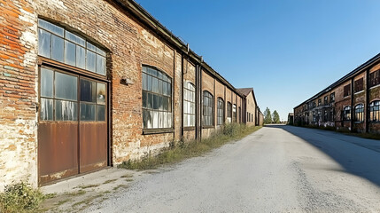 Fototapeta premium Rustic Brick Warehouse Row, Sunlit Pathway, Abandoned Industrial Architecture, Weathered Exterior, Vintage Charm, Deserted Landscape