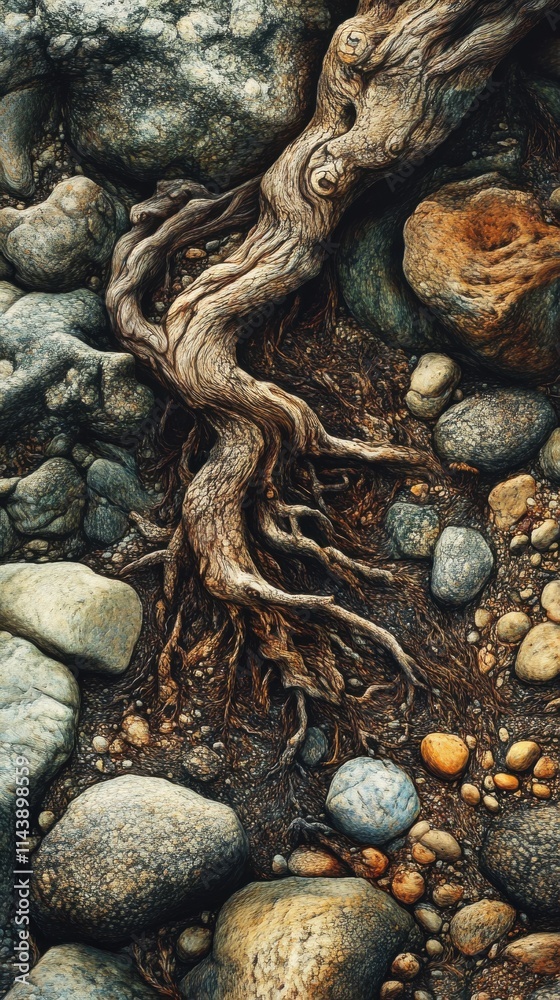 Poster Intricate network of tree roots crawling over smooth rocks in a serene outdoor setting