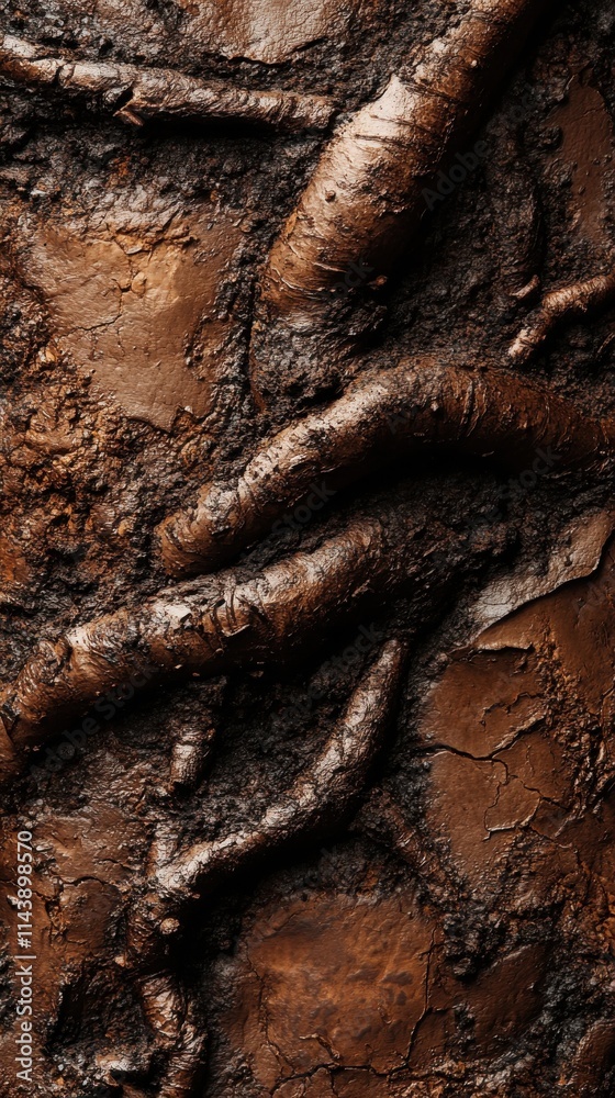 Aufkleber Intertwined tree roots create a striking pattern in rich brown soil under natural light in a forest setting