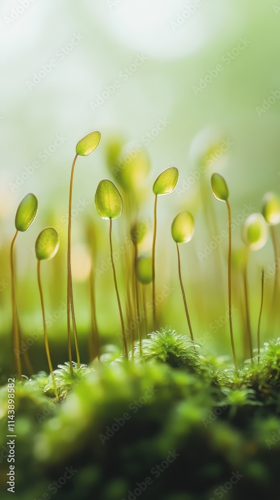 Poster Macro view of vibrant moss displaying intricate textures in a serene woodland setting during spring