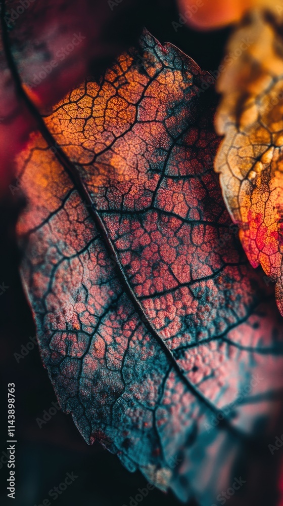 Poster Vibrant autumn leaves showcasing intricate patterns and colors in a close-up view during the fall season