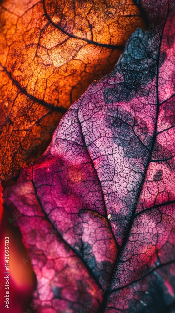 Poster colorful macro view of autumn leaves showcasing vibrant reds and oranges in a natural setting