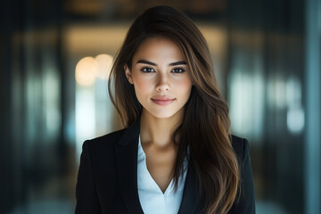 Fototapeta premium Portrait of a successful businesswoman in a suit, with brunette hair and brown eyes, looking at the camera, standing inside a modern office building.