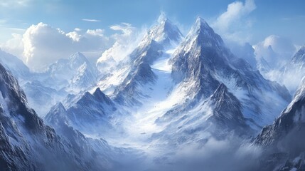Fototapeta premium Majestic snowy mountain range under a clear blue sky with fluffy clouds