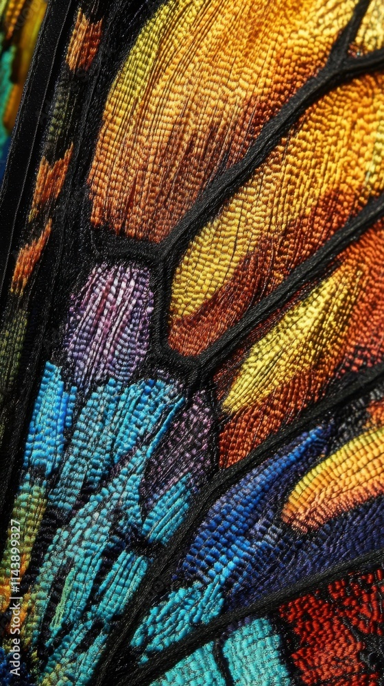 Poster Colorful macro view of a butterfly wing showcasing intricate patterns and vibrant hues in nature