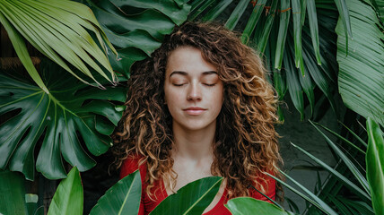 Young woman with curly hair, wearing a red top, surrounded by lush green tropical leaves. With her eyes closed, she appears relaxed or meditative, exuding tranquility and a deep connection with nature