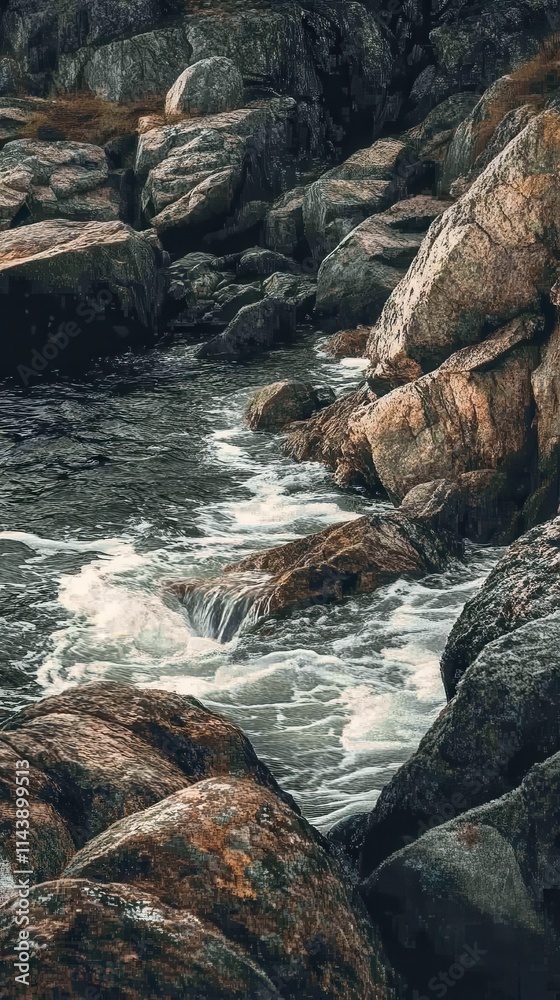 Poster rocky coastline with crashing waves at sunset creating a serene atmosphere near the water's edge
