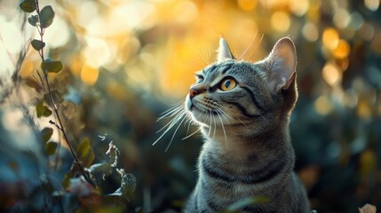Fototapeta premium Curious gray tabby cat looking up at something in the distance
