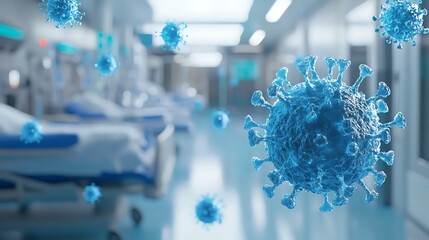 Floating Blue Virus Particles in a Hospital Environment with Medical Equipment and Beds
