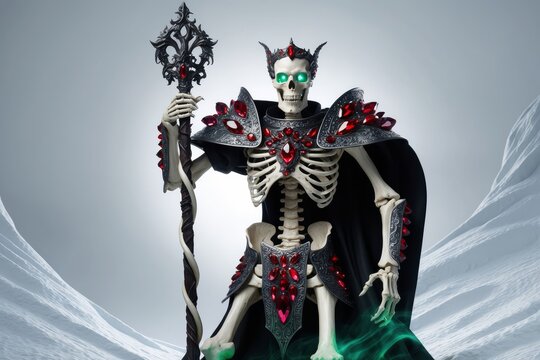 Skeleton sorcerer in ornate armor with staff, snowy landscape background.