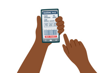 The concept of buying a plane ticket online. Human hand holding phone with airplane ticket on the screen. Travel, vacation, business trip concept. Vector flat clipart.