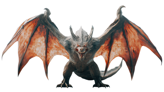 A full body depiction of an angry dragon on transparent background
