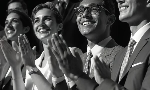 A joyful audience clapping, showcasing excitement and appreciation in a vintage black-and-white setting.