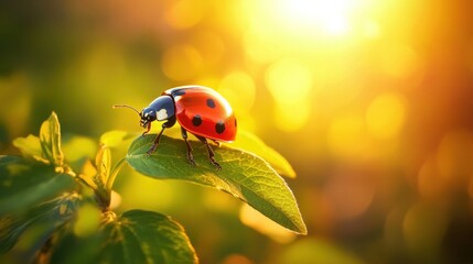 Obraz premium Ladybug on a leaf at sunset.